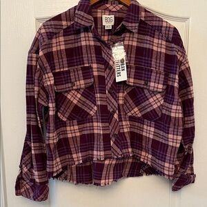 Urban Outfitters XS BDG Maroon& Pink Plaid Cropped Button Down Flannel Shirt NWT